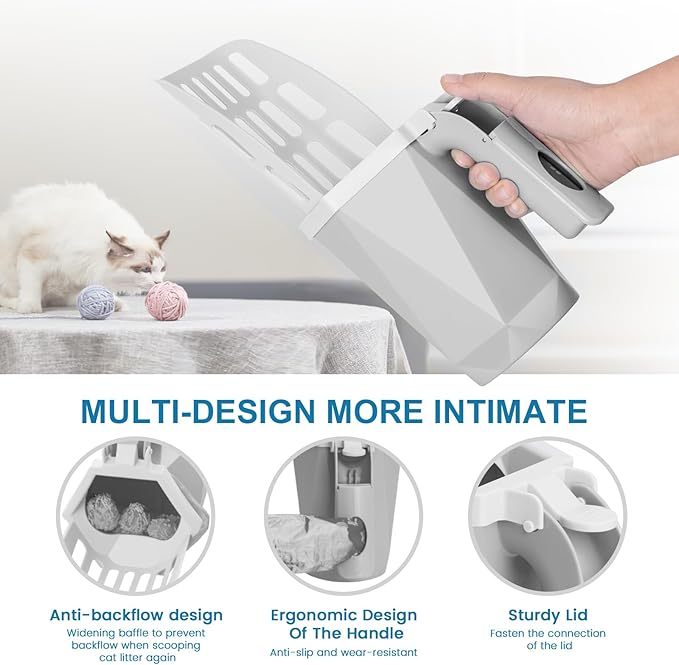 Cat Litter Scooper with Holder Kitty Litter Scoop with Waste Can and 150 Refill Bags, Large Portable Cat Litter Shovel Easy to Clean Suitable for Kittens (Grey)