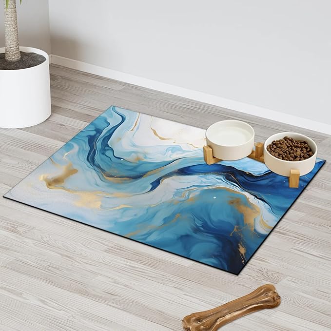 Blue Marble Dog Food Mat for Floors Absorbent, Quick Dry Water Dispenser Mat for Food, Water, Pet Supplies 16" x 24", Abstract