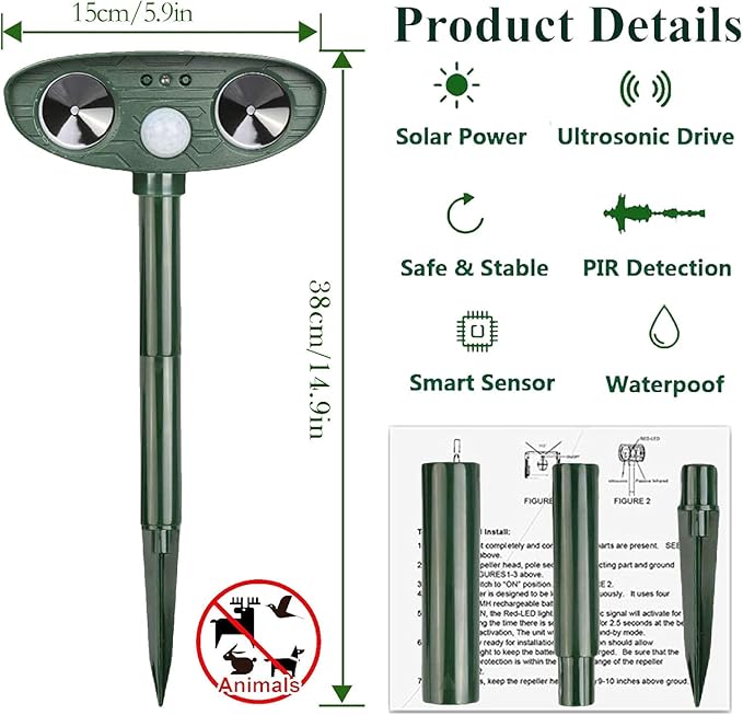 Ultrasonic Cat Deterrent,Solar Powered Deterrent with Motion Sensor and Flashing Lights Outdoor Solar Farm Garden Yard Device,Dogs,Cats,Birds