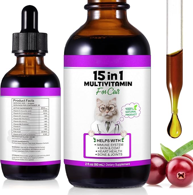 Cat Multivitamin Drops, 15-in-1 Multivitamin Drops for Cats, Immune Support, Heart, Skin & Coat Health, Digestion, Joint Care, for All Life Stages, Easy to Use 60ml