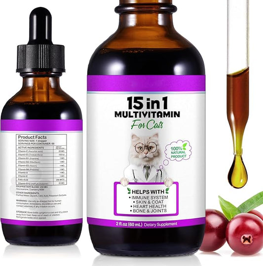 Cat Multivitamin Drops, 15-in-1 Multivitamin Drops for Cats, Immune Support, Heart, Skin & Coat Health, Digestion, Joint Care, for All Life Stages, Easy to Use 60ml