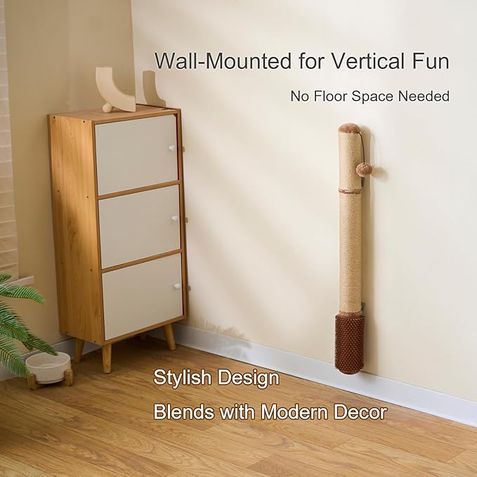 Wall Mounted Cat Scratcher, 34” Extra-Tall Vertical Sisal Scratching Post for Large Cats, Space-Saving Wall Cat Scratcher with Self Grooming Brush & Hanging Ball, Brown