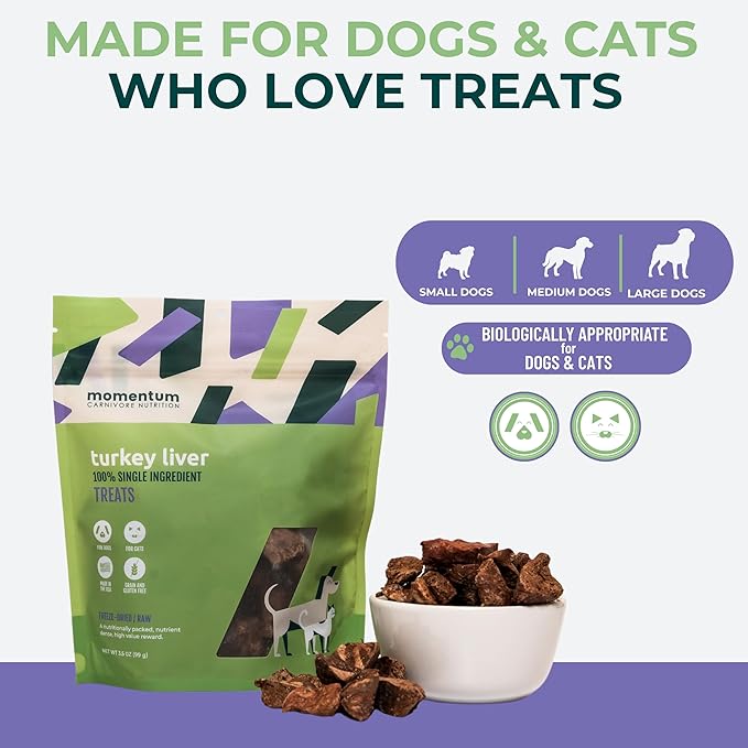 Momentum Carnivore Nutrition Freeze-Dried Turkey Liver Dog Treats & Cat Treats – Single-Ingredient, High-Protein, Grain-Free, Naturally Flavorful & Lean – Made in USA – 3.5 oz Bag