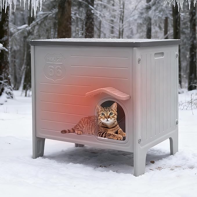 Rockever 100% Insulated Outdoor Cat House with Insulated Liner for Winter, Waterproof Feral Cat House for Outdoor Cats, Plastic Cat House for Outdoor Use with Escape Door, Clean Easily(M,Grey&Liner)