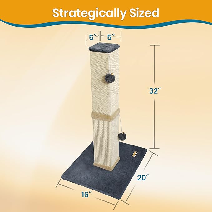 Pawbee 32" Cat Scratching Post Tower with Jingle Bells and Plush Balls, Sisal Tower with Larger Base for Better Stability, Beige