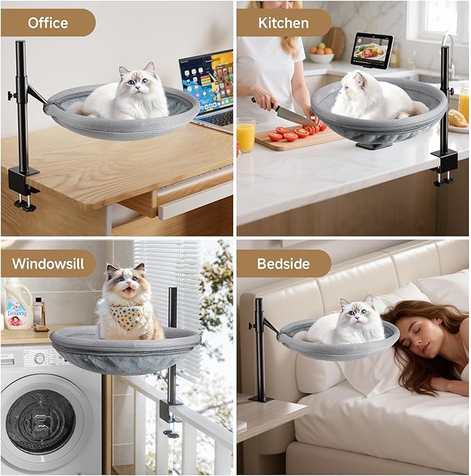 Cat Desk Bed, 360° Rotating Height-Adjustable Cat Hammock Desk, Home Office Pet Bed with Removable Washable Double-Sided Faux Rabbit Fur Mesh Pet Nest Bed