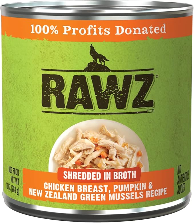 Rawz - in Broth Canned Adult Dog Food (Shredded Chicken in Broth) with New Zealand Green Mussels - 12 Cans -10 OZ Cans (Chicken&Pumpkin-Shredded)