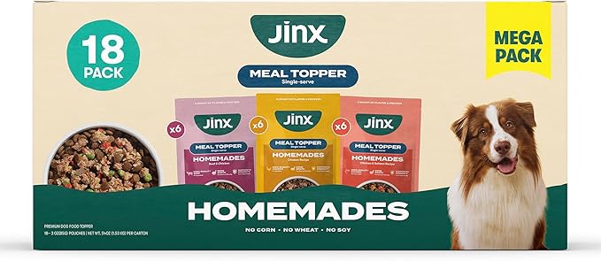 Jinx Wet Dog Food Toppers, Variety Pack - Mix with Dry Dog Food, Made with Real Chicken, Beef, Salmon, No Fillers, Puppy, Adult, Senior, 3oz, 18 Pack