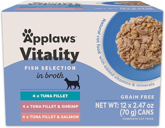 Applaws Vitality Wet Cat Food in Broth, Natural Cat Food with Added Vitamins & Minerals, Grain-Free, Carrageenan Free, Fish Selection in Broth (12x2.47oz Cans)