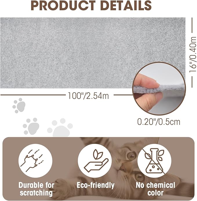 Cat Scratching Mat, 100"x16" Self-Adhesive Carpet Mat Trimmable Replacement for Cat Tree, Cat Wall Shelves, Cat Scratching Post, TanoFalo DIY Couch Furniture Protector (Light Gray)