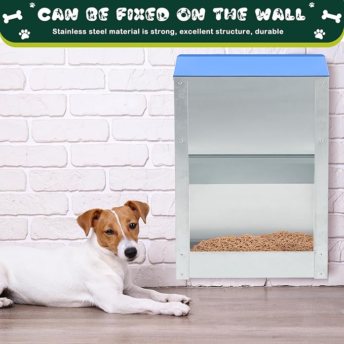 2 Pcs 25 Lbs Large Automatic Dog Feeders with Handle Acrylic Panel Galvanized Gravity Feeder Outdoor Hanging for Doggie Breed Dog Food Dispenser Container(Blue)