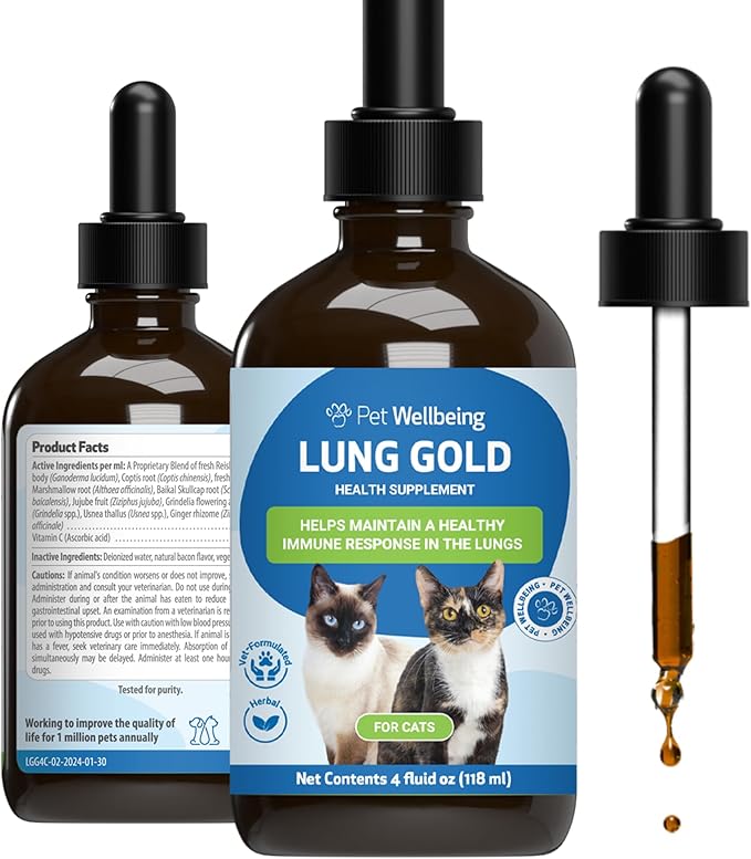 Pet Wellbeing Lung Gold for Cats - Respiratory Support for Feline Lungs, Healthy Immune Defenses Lower Respiratory Tract - NASC Certified & Vet-Formulated - 4 oz Liquid