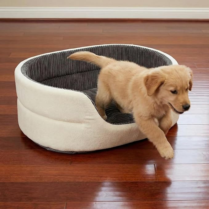 Large Dog Bed Cat Bed 20x30 Inch, Calming Pet Bed for Medium Dogs & Large Cats, Half-Enclosed Open-Top Velvet Anti-Anxiety Bed, Machine Washable Cozy Snuggle Bed (White)
