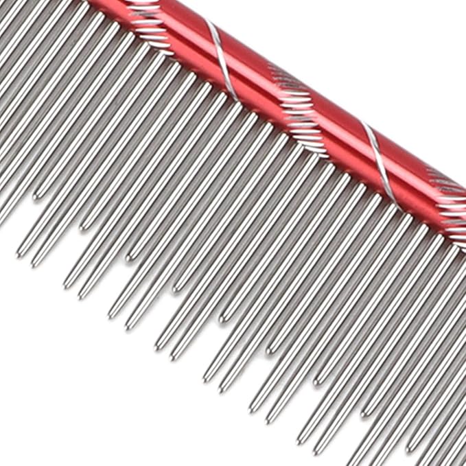 Pet Hair Removal Comb, Stainless Steel Cat Grooming Tool with Dual - Density Teeth, Open Knot Comb for Long and Short Haired Cats, Ergonomic Non - Slip Handle (Red)