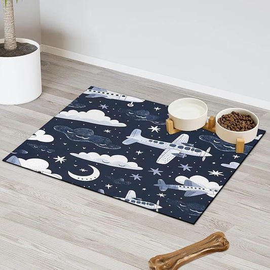 Flying Airplane Dog Food Mat for Floors Absorbent, Quick Dry Water Dispenser Mat for Food, Water, Pet Supplies 12" x 20", Star Clouds