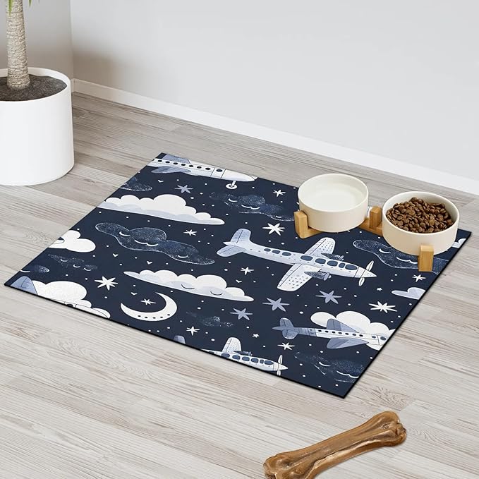 Flying Airplane Dog Food Mat for Floors Absorbent, Quick Dry Water Dispenser Mat for Food, Water, Pet Supplies 12" x 20", Star Clouds