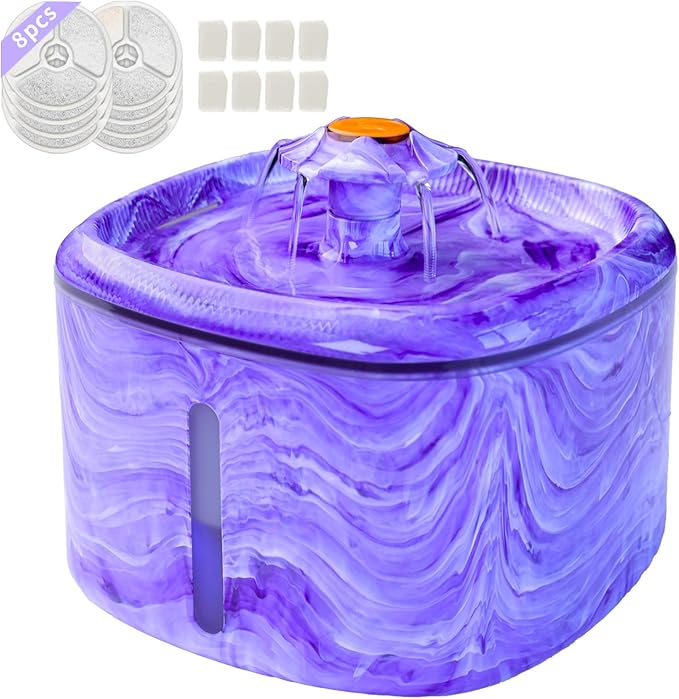 Cat Water Fountain Purple Cute: 84oz/2.5L Automatic Pet Water Fountain for Cats Indoor, Flower Kitty Spout Fountain & LED Blue Light, Upgraded Ultra Quiet Pump, Gifts for Cats, Dogs (8Filters)