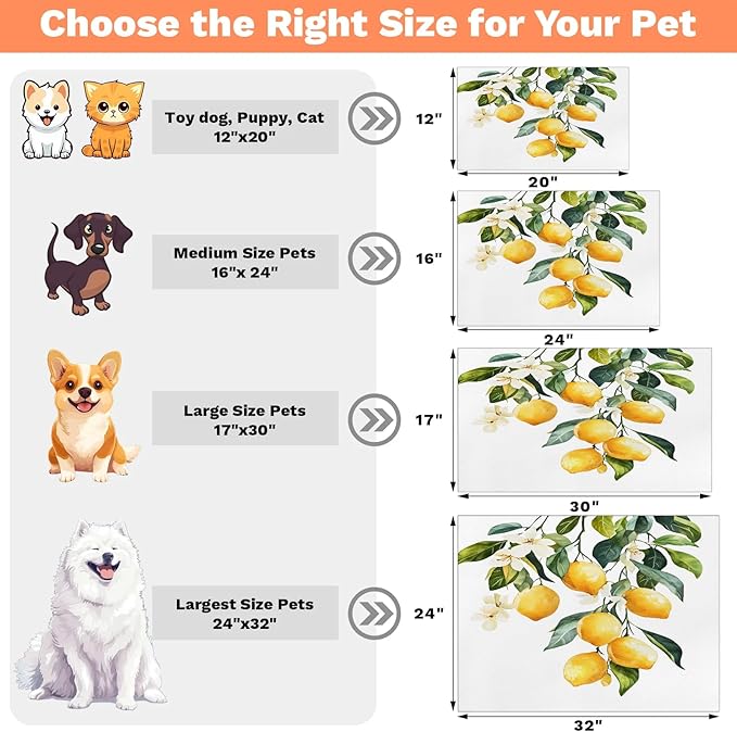 Lemon Dog Food Mat for Floors Absorbent Dog Bowl Mat for Food and Water Dispenser Quick Dry Cat Food Placemat Pet Supplies 24" x 32", Floral Plant