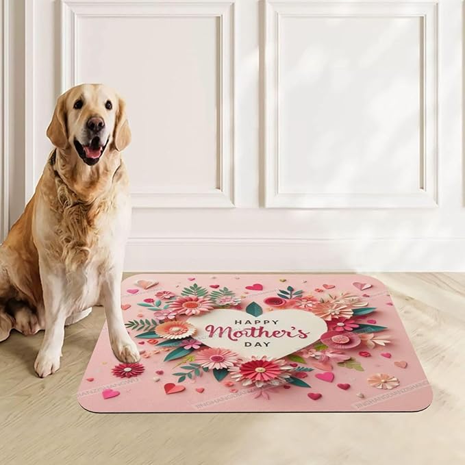 Dog Food Mat Happy Mother's Day Pink Floral Gift for Mom Ky Absorbent Water Bowl Mats Cat Pet Feeding Placemats 24x16In
