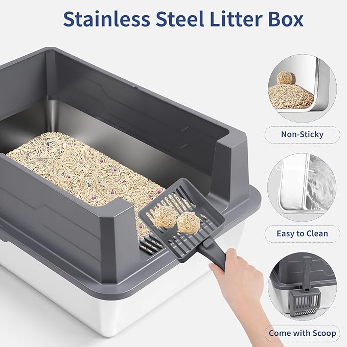 XXXL Stainless Steel Litter Box with Lid, Extra Large 28" L x 20" W x 17" H Enclosed Metal Cat Litter Box with Litter Scoop & Foot Pedal, Odor Control for Big Cats, Multiple Cats (Dark Grey)