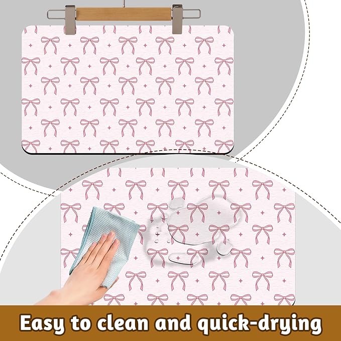 GLOBLELAND Pink Bow Pet Food Mat for Floors 11.8×20 inch Dogs Food Mats Absorbent Dog Bowl Mat Quick Dry Dog Cat Pet Placemats Pets Supplies for Water Dispenser