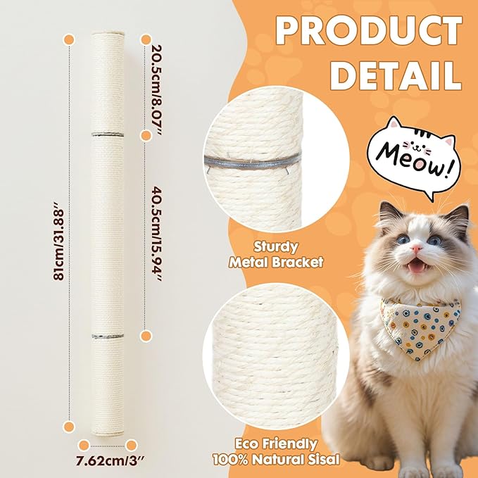 PowerKing 32" Wall Mounted Cat Scratcher,Extra Tall Sisal Cat Scratching Post for Large Indoor Cats, Space-Saving Vertical Wall Cat Climbing Pole with Natural Wood & 360° Rotating Design