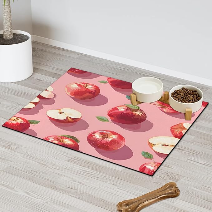 Red Apples Dog Food Mat for Floors Absorbent Dog Bowl Mat for Food and Water Dispenser Quick Dry Cat Food Placemat Pet Supplies 24" x 32", Green Leaves
