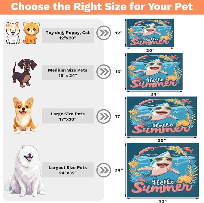 Funny Sharks Dog Food Mat for Floors Absorbent Dog Bowl Mat for Food and Water Dispenser Quick Dry Cat Food Placemat Pet Supplies 17" x 30", Hello Summer