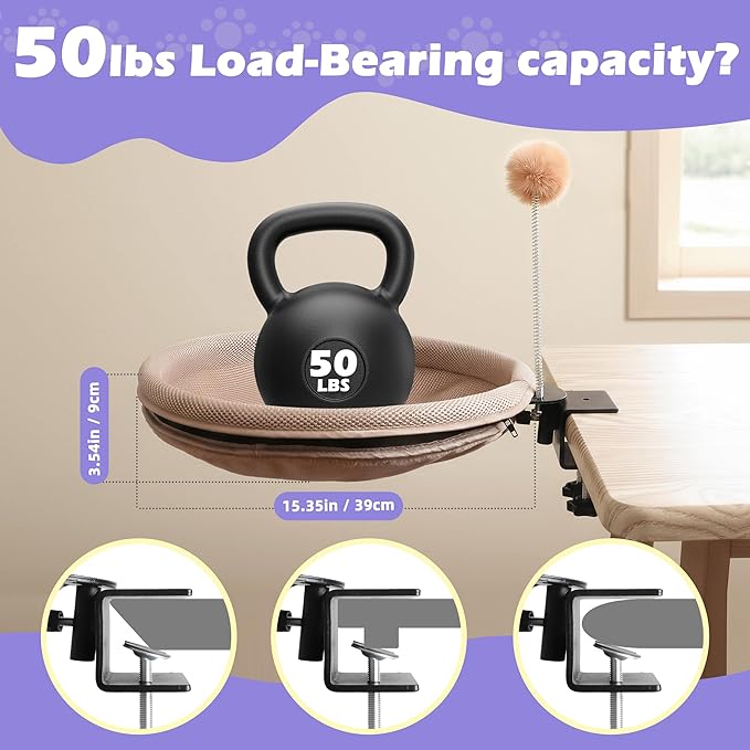Cat Desk Bed with Teaser Wand, Under Desk Cats Bed Platform with Sturdy Clamp, Space-Saving Cat Perch Mounts Underneath Desk for Large Cats(Khaki)