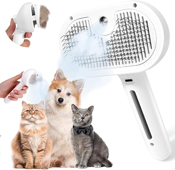 Bunny Ferret Steam Brush Release Button Self Cleaning Spray Comb for Long and Short Hair Cats Rechargeable Steaming Cat Grooming Brush Steamer to Remove Loose Hair (White)