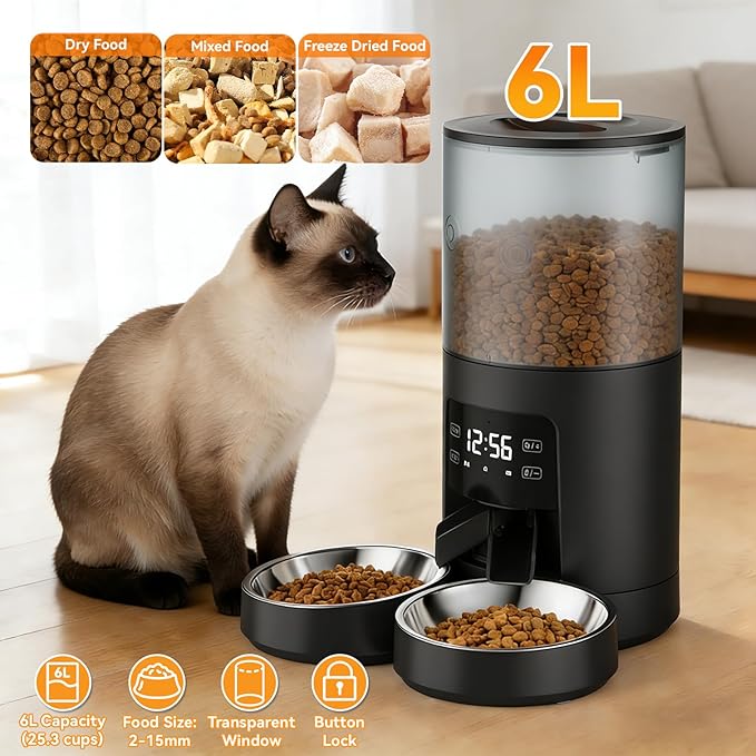 NEWBULIG Automatic Cat Feeder for 2 Cats, 6L Timed Pet Feeders with 10s Voice Recorder, Dog Food Dispenser, Dry Food, 6 Meals, Programmable 50 Portions, Dual Power Supply
