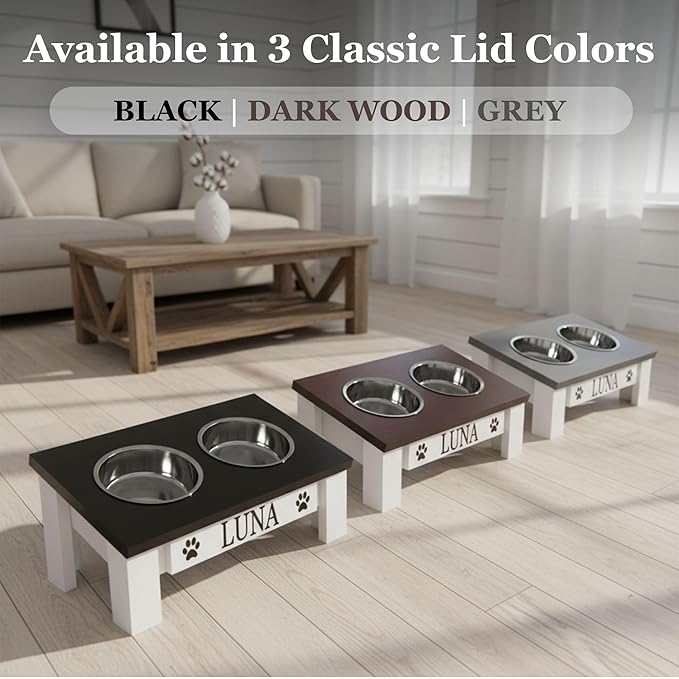 GTW Classic Tilted Elevated Dog Feeder – Angled Wood Stand with Stainless Steel Bowls for Short-Nose Dogs, Anti-Slip Farmhouse Design (Tilted, Dark Walnut)
