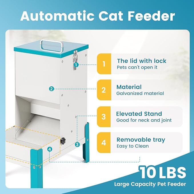 Automatic Cat Feeder, 10L Cat Food Dispenser Automatic Dog Feeder with Stand Gravity Cat Feeder Removable Feeding Tray Raised Pet Feeder for Dogs and Cats