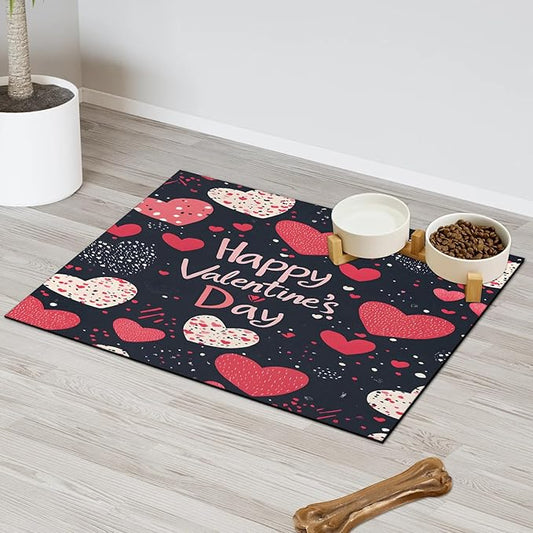 Happy Valentine Dog Food Mat for Floors Absorbent, Quick Dry Water Dispenser Mat for Food, Water, Pet Supplies 17" x 30", Love Heart