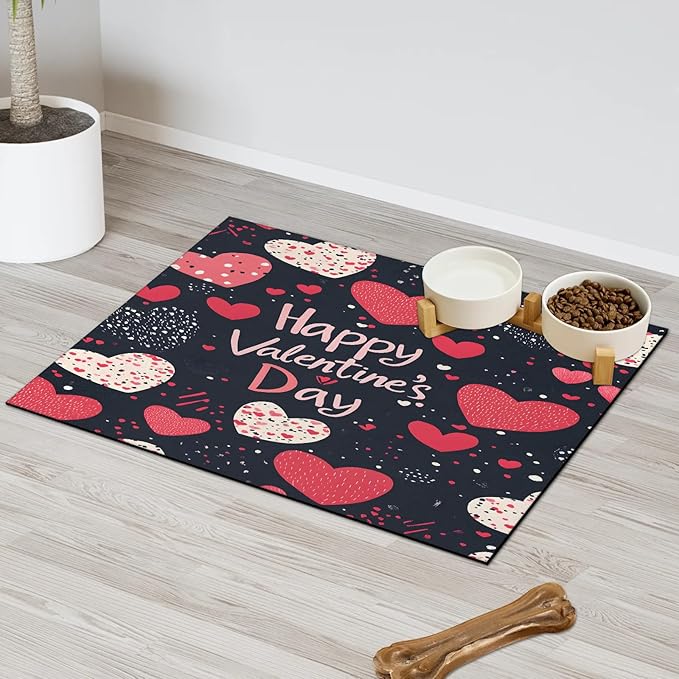 Happy Valentine Dog Food Mat for Floors Absorbent, Quick Dry Water Dispenser Mat for Food, Water, Pet Supplies 16" x 24", Love Heart