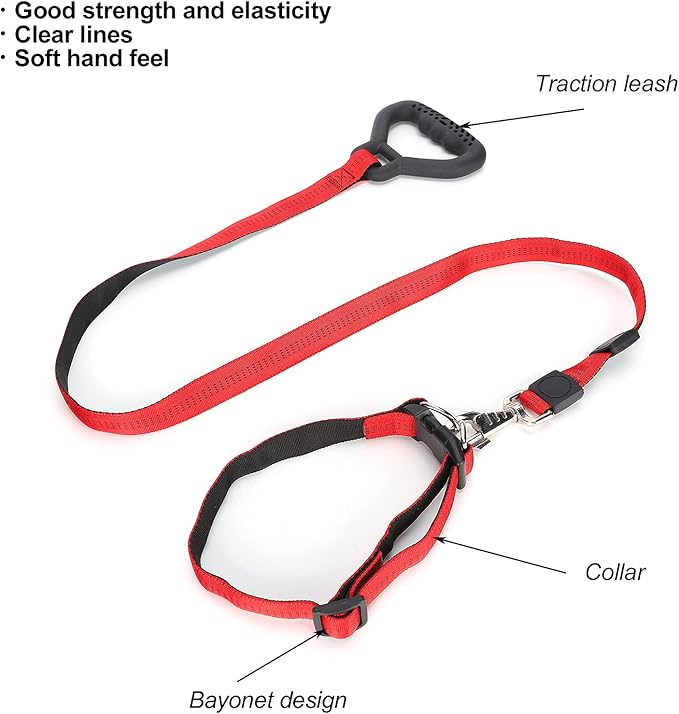Heavy Duty Dog Leash Collar Set, Adjustable Nylon Leash with Soft PP Handle, Durable Rope Leash Collar for Small Medium Large Dogs, Pet Supply with Elastic Shock (Red)