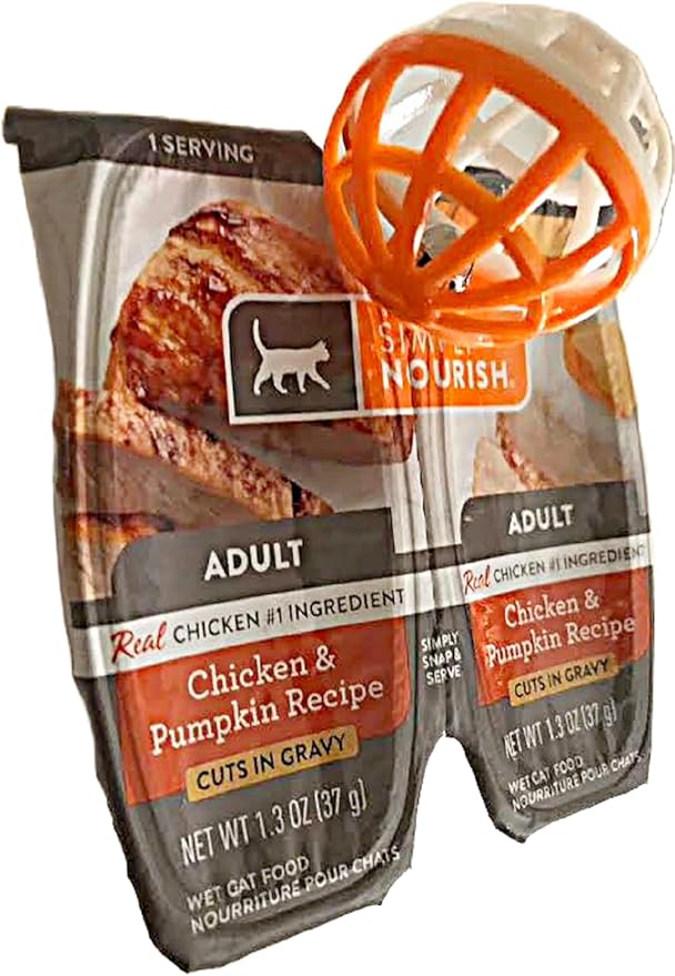SIMPLY NOURISH Adult Cat Food Cuts in Gravy. 6 Split-Packs of 2 Individual Servings. 2.65 OZ Each. Plus Cat Toy Will Vary (Chicken & Pumpkin Recipe)
