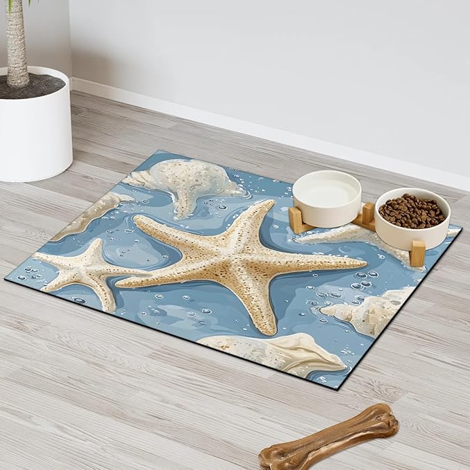 Starfish Dog Food Mat for Floors Absorbent Dog Bowl Mat for Food and Water Dispenser Quick Dry Cat Food Placemat Pet Supplies 16" x 24", Beach Seashells