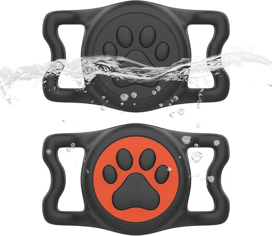 2-Pack Airtag Holder for Dog Collar, Waterproof Silicone Protective Case Cover, Anti-Lost Tracker Universal Fit for All Width Pet Collars (Black&Orange)