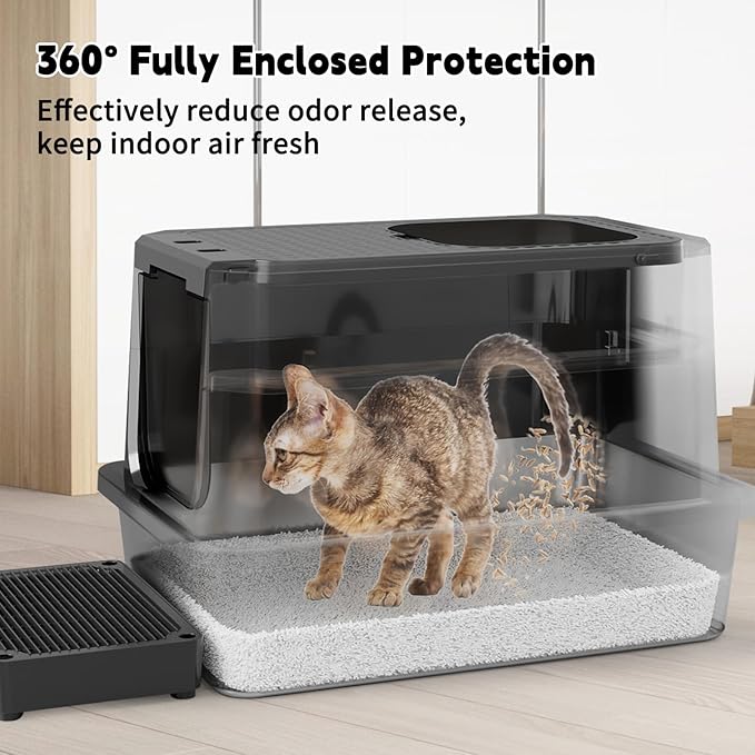 RIZZARI Enclosed Cat Litter Box: All Black Stainless Steel - Odor-Resistant & Easy Wipe Clean - Teflon Non-Stick Coating for Quick Cleaning - Large Top-Exit Pan for Modern Homes Garage