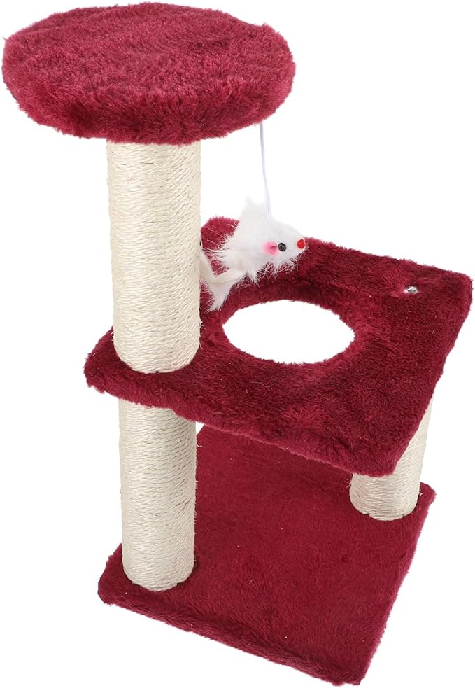 Homoyoyo Multi-Layer Sisal Cat Scratching Post with Mouse Three-Tier Indoor Climbing Tower for Cats Burgundy Sturdy Furniture for Comfortable Kitten Play and Claw Maintenance