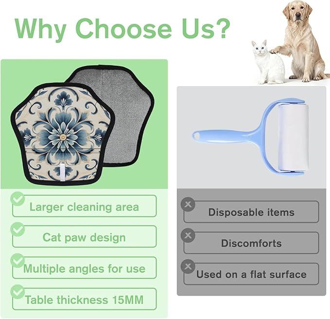 Blue Floral Electrostatic Pet Hair Removal Glove for Cats & Dogs - Reusable Grooming Mitt for Couch, Carpet, Car Seat & Laundry - Large 9x9 Inch