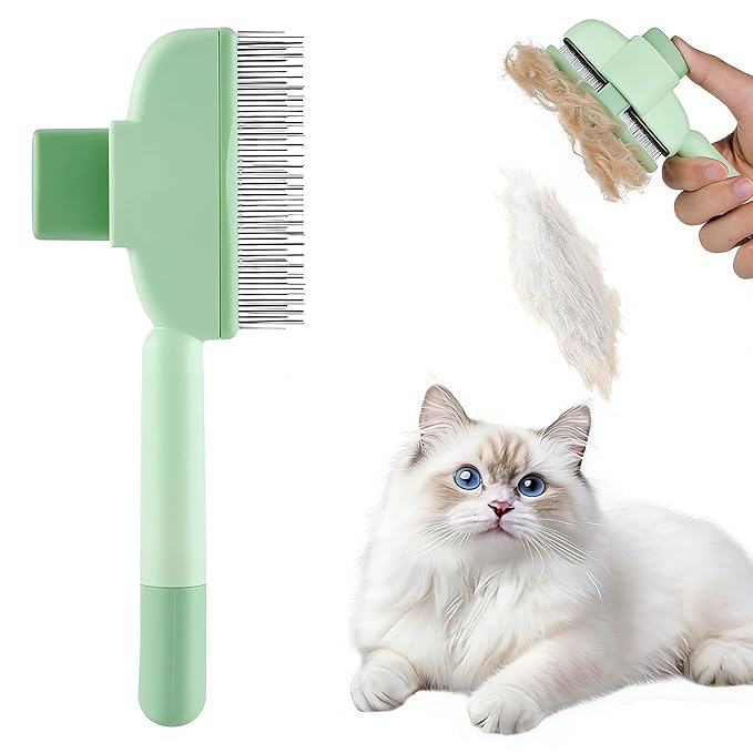 Self Cleaning Pet Hair Removal Comb, Pet Comb with Long Short Stainless Steel Metal Teeth, Cat Grooming Brush, Pet Grooming Supplies for Cat, dog (Green)