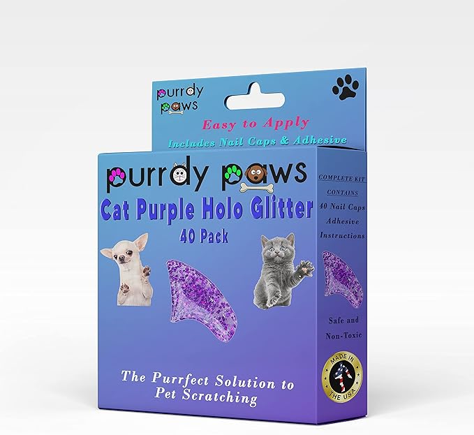 40 Pack Soft Nail Caps for Cat Claws Purple Holographic Glitter Large
