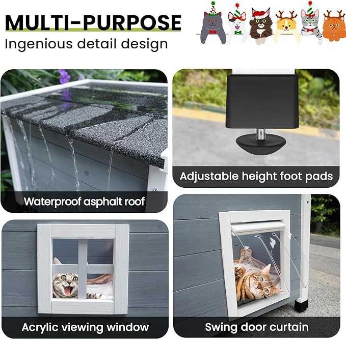 Outdoor Wooden Pet House, Weatherproof Winter Shelter for рuррy and Cats, Elevated Design with Window，100% Cedar Insulated Pet Safe Haven | Easy 15-Min Assembly (Gray-White)