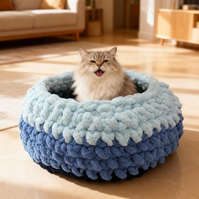 Rondo Cat Nest Handwoven Washable Cat Nest Bed Soft Round Cave House Furniture for Indoor Kitten Cloud Blue