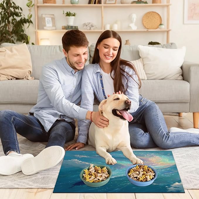 Beach Dog Food Mat for Floors Absorbent, Quick Dry Water Dispenser Mat for Food, Water, Pet Supplies 16" x 24", Night Ship