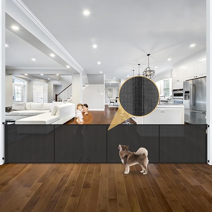 Reinforced 42" Tall x 195" Extra Long Baby Gates for Large Openings, Tall Retractable Baby Gates Extra Wide Dog Gate with Support Rods - Prevent Crawling Under, Indoor/Outdoor Retractable Fence, Black