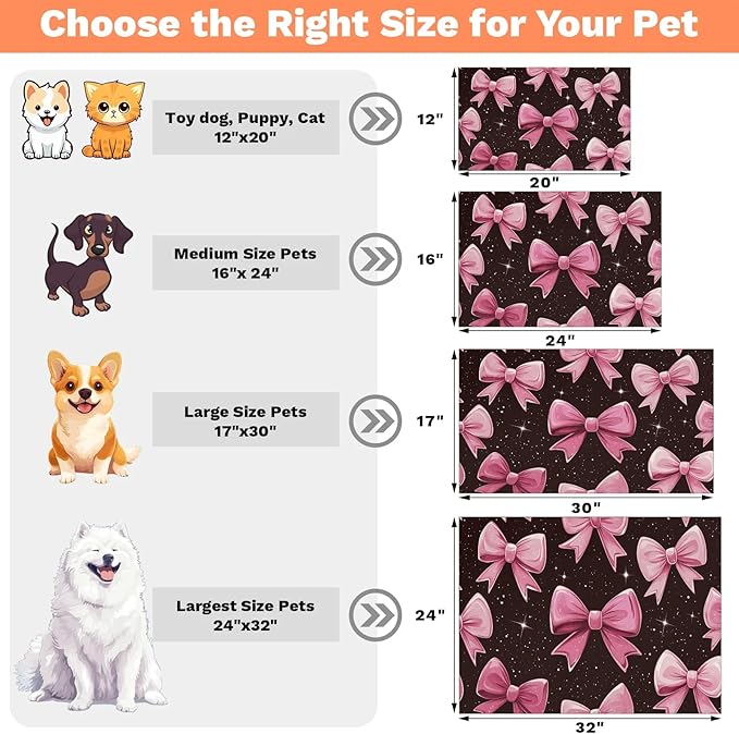 Bow Dog Food Mat for Floors Absorbent, Quick Dry Water Dispenser Mat for Food, Water, Pet Supplies 16" x 24", Pink Bowknot