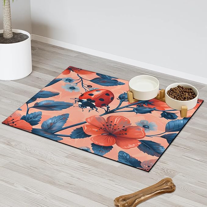 Ladybird Dog Food Mat for Floors Absorbent, Quick Dry Water Dispenser Mat for Food, Water, Pet Supplies 12" x 20", Summer Flower